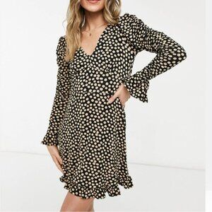 Miss Selfridge | Long Sleeve Fit & Flare Chic Polka Dot V-Neck Dress | Size 2